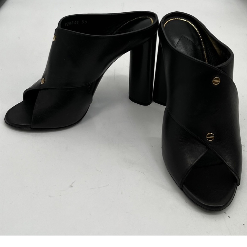 Tom Ford Black Leather Peep Toe Cut-Out Mule Block Heel w/ Gold Ornament sz 9B